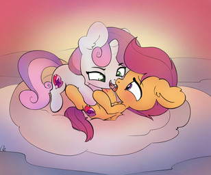 blush bodily_fluids cloud cutie_mark drooling duo feathered_wings feathers female female/female feral feral_on_feral french_kissing green_eyes hair horn kissing lying multicolored_hair on_back on_cloud orange_body orange_feathers pink_hair pink_tail purple_eyes purple_hair purple_tail saliva sloppy_kiss sunset tail tongue tongue_out two_tone_hair two_tone_tail white_body wings young young_feral young_on_young ratiodaze friendship_is_magic hasbro my_little_pony mythology scootaloo_(mlp) sweetie_belle_(mlp) equid equine horse mammal mythological_creature mythological_equine pegasus pony unicorn hi_res