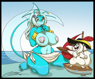 anthro big_breasts black_border boat border bottomwear bra breasts clothing duo eye_patch eyewear female fur hair hat headgear headwear jewelry kneeling male multicolored_body navel necklace non-mammal_breasts non-mammal_navel seashell seashell_bra shell split_form teal_body teal_hair thick_thighs two_tone_body underwear vehicle water watercraft white_body white_fur wooden_sword yellow_eyes deonwolf deon_(deonwolf) levyne_ablssay canid canine canis demon fish mammal marine merfolk nymph wolf 2018 digital_media_(artwork)