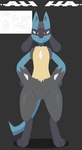 ambiguous_gender annoyed anthro black_background black_body black_fur blue_body blue_fur bottomless chest_spike clothed clothing featureless_crotch frown fur hand_on_hip looking_at_viewer nude red_eyes simple_background solo spikes spikes_(anatomy) standing tan_body tan_fur text hailey_png 2024_pokemon_gigaleak nintendo pokemon canid canine generation_4_pokemon lucario mammal pokemon_(species) english_text hi_res model_sheet