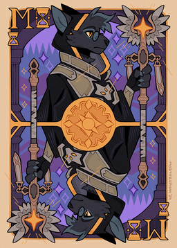 anthro black_body black_fur cheek_tuft clothing eyewear facial_tuft fur glasses holding_object hourglass_(object) male orange_eyes playing_card_template robe side_view solo staff tuft morteraphan canid canine mammal 2024 digital_media_(artwork) signature