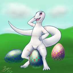 4_toes 5_fingers albino anthro arm_markings big_tail blue_sky blush bodily_fluids chest_markings clitoris cloud crotch_lines cute_fangs day digitigrade easter_egg egg eyelashes fangs featureless_chest feet female fingers flat_chested front_view genital_fluids genitals grass hand_on_hip holidays humanoid_genitalia humanoid_vulva innie_vulva leg_markings long_tail looking_at_viewer markings membrane_(anatomy) neck_markings nude open_mouth open_smile outline outside pink_clitoris pink_markings pink_tongue plant pupils raised_arm red_eyes scales sitting sky slit_pupils smile smiling_at_viewer snout solo straddling tail tail_markings teeth thick_tail thick_thighs thigh_markings toes tongue tribal tribal_markings vaginal_fluids vulva webbed_feet white_body white_outer_labia white_scales white_vulva spe easter overlord_(series) crusch_lulu lizard lizardman lizardman_(overlord) reptile scalie 1:1 2022 absurd_res dated digital_media_(artwork) hi_res krita_(artwork) signature