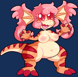 anthro breasts claws countershading female hair inverted_nipples nipples nude orange_body overweight pigtails pink_hair pink_nipples red_eyes scales slightly_chubby small_breasts snout solo stripes tail thick_thighs thigh_gap tokusatsu blargasmic mythology yokai_love_you! tsuchino_(blargen69) dinosaur dragon kaiju mythological_creature mythological_scalie prehistoric_species reptile saurischian scalie theropod tyrannosaurid tyrannosauroid tyrannosaurus tyrannosaurus_rex alpha_channel hi_res model_sheet