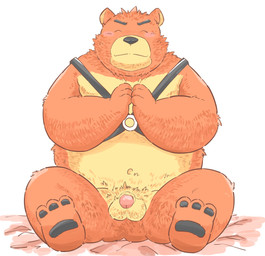anthro balls belly black_nose blush brown_body brown_fur eyes_closed fur genitals humanoid_hands kemono male navel overweight overweight_anthro overweight_male penis sitting small_penis solo andikapatok bear mammal 2015 hi_res