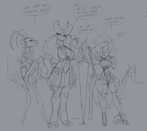 answer antennae_(anatomy) anthro arthropod_abdomen biped black_text breasts cleavage clothed clothing dialogue eyelashes eyewear female fingers glasses group hair hand_on_hip holding_melee_weapon holding_object holding_weapon mask melee_weapon question question_mark speech_bubble standing tail talking_to_another text trio weapon proxicute jasper_(proxicute) migu_(proxicute) arthropod 2025 english_text hi_res