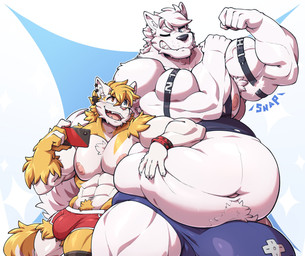 anthro belly big_bulge big_muscles big_nipples blonde_hair blue_clothing blue_underwear bulge clothing duo fur hair hand_on_belly heterochromia huge_bulge hyper hyper_bulge leaning_on_another male mostly_nude musclegut muscular muscular_anthro muscular_male navel nipples one_eye_closed overweight pecs pink_nipples red_clothing red_underwear shirt tank_top topwear torn_clothing underwear vein veiny_muscles white_body white_fur wristband yellow_body yellow_fur myiko a0n_(a0nmaster) waltt canid canine canis domestic_cat domestic_dog felid feline felis mammal hi_res
