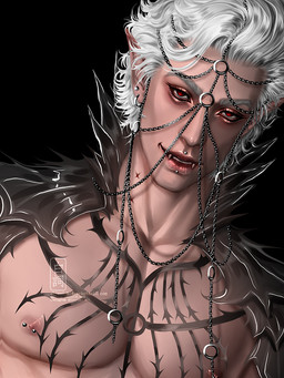 chain clothing fangs hair humanoid_pointy_ears leather leather_clothing male nipple_piercing nipples piercing pointy_ears red_eyes solo teeth white_hair shiroishi888 baldur's_gate baldur's_gate_3 bioware dungeons_and_dragons electronic_arts hasbro larian_studios wizards_of_the_coast astarion_(baldur's_gate) elf humanoid vampire 3:4