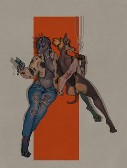 5_fingers anthro bangs big_breasts blonde_hair bottomwear breasts claws cleavage clothed clothing denim denim_bottomwear denim_clothing duo ear_piercing electronics facial_piercing feet female fingers fur hair holding_object holding_phone inner_boob jeans looking_at_viewer midriff navel nose_piercing pants pawpads paws phone phone_charm piercing ponytail sitting smoke soles tail toes topwear torn_bottomwear torn_clothing torn_jeans torn_pants underwear_straps vape_pen vest flowerdino mahvashi_(lolzguy) paris_(flowerdino) canid canine canis domestic_dog jackal mammal digital_drawing_(artwork) digital_media_(artwork) hi_res