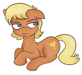 blonde_mane blue_eyes brown_body brown_fur brown_hooves chest_tuft cutie_mark ear_piercing eyelashes female female_feral feral fur hooves light lying mane mature_female mature_feral medium_mane mouth_closed no_pupils on_front piercing quadruped simple_background solo tail tuft unguligrade white_background yellow_tail cookieboy011 friendship_is_magic hasbro my_little_pony ms._harshwhinny_(mlp) earth_pony equid equine horse mammal pony 2021 colored digital_drawing_(artwork) digital_media_(artwork) lighting shaded