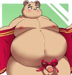 anthro balls belly big_belly blush flaccid genitals green_eyes kemono male moobs navel nipples overweight overweight_male penis small_penis solo kusosensei inigo_(kusosensei) bear mammal 2024 hi_res