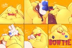 anthro balls big_butt blue_nose bow_tie breasts butt duo food genitals heart_symbol looking_at_viewer low-angle_view lying on_front rear_view scut_tail short_tail smile tail text thick_thighs vore yellow_body sofmallow bowtie_(sofmallow) cheesecake_(sofmallow) food_creature lagomorph mammal 2025 absurd_res comic digital_drawing_(artwork) digital_media_(artwork) english_text hi_res sequence signature nonbinary_(lore)