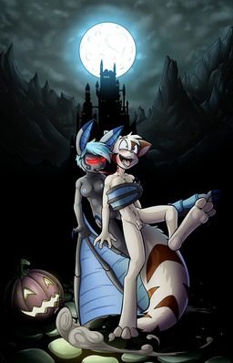 anthro bat_wings blood blue_eyes blue_hair blue_nipples blush bodily_fluids breasts duo fangs female flaccid food fruit fur genitals glowing glowing_eyes grey_body grey_fur hair heart_symbol holidays jack-o'-lantern male membrane_(anatomy) membranous_wings moon night nipples nude penis plant pumpkin red_eyes tan_body tan_fur teeth tongue tongue_out vulva wings lord-kiyo dreamkeepers halloween mace_(dreamkeepers) vanth bat domestic_cat felid feline felis mammal vampire 2017 hi_res