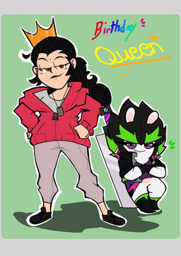 amethyst_(gem) anthro arms_bent birthday black_boots black_clothing black_eyebrows black_footwear black_hair black_handwear black_jacket black_lipstick black_mittens black_shoes black_topwear boots bottomwear brown_eyes clothed clothed_anthro clothed_female clothed_human clothing confident confident_female crown directional_arrow dog_tags duo ear_piercing eyebrows fangs featureless_crotch female female_anthro female_human footwear fully_clothed fully_clothed_female fully_clothed_human fur gem glint green_background green_eyebrows grey_bottomwear grey_clothing grey_pants grey_shirt grey_topwear hair half-closed_eyes hands_on_own_hips handwear headgear hoodie jacket larger_female larger_human leaning_on_sword light lips lipstick long_hair looking_at_viewer makeup melee_weapon mittens multicolored_body narrowed_eyes open_clothing open_jacket open_topwear pants pantsless_anthro pantsless_female piercing pockets purple_clothing purple_ear_piercing purple_eyelids purple_shirt purple_topwear red_clothing red_hoodie red_topwear shirt shoes short_hair simple_background size_difference smaller_anthro smaller_female smile smiling_at_viewer spiky_hair squint sword tan_body tan_inner_ear tan_lips tan_skin teeth text thick_eyebrows topwear torn_clothing torn_shirt torn_topwear two_tone_body weapon white_body white_fur vampkettleartz mario_plus_rabbids_sparks_of_hope raving_rabbids rayman_(series) real_world ubisoft anna_(rabbidedge) edge_(mario_plus_rabbids) human lagomorph mammal rabbid 2023 colored digital_drawing_(artwork) digital_media_(artwork) english_description english_text hi_res lighting shaded simple_shading