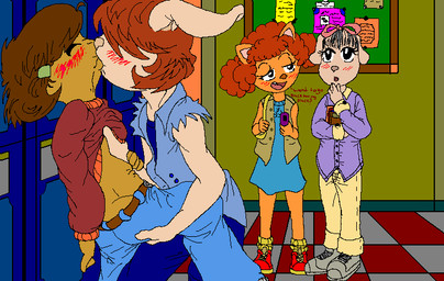 anthro blush brown_hair clothed clothing clothing_lift female female/female grope group hair hair_over_eyes kissing red_hair shirt shirt_lift text topwear young redhand arthur_(series) fern_walters francine_frensky molly_macdonald sue_ellen_armstrong canid canine canis domestic_cat domestic_dog felid feline felis haplorhine lagomorph leporid mammal monkey primate rabbit english_text