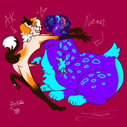 ambiguous_gender blush bodily_fluids claws docked_tail duo erect_nipples female female/female freckles fur genital_fluids genitals grin nipples orange_body orange_fur overweight penis poking_penis precum purple_body short_tail skinny smile tail touching_penis petramcbiteybite mythology ak_(petramcbiteybite) neon_(petramcbiteybite) canid canine felid felid_taur fox humanoid leopard leopard_taur mammal mammal_taur mythological_canine mythological_creature pantherine pantherine_taur taur werecanid werecanine werecreature werefox werewolf 1:1 hi_res nonbinary_(lore) trans_(lore) trans_woman_(lore)
