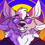 4_ears 80's_theme black_clothing black_topwear canine_teeth clothing eyebrows eyewear fluffy front_view male multi_ear neck_tuft raised_eyebrow smile solo stippling sunglasses teeth topwear tuft stupidshepherd mercury_(haloren) shadekin 1:1 bust_portrait icon portrait