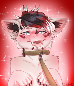 anthro blue_eyes blush bodily_fluids collar drooling fur hair horn leash leash_pull male multicolored_hair nude saliva soda_pup solo sparkles text tongue white_body white_fur mythology icarus_(skaicarus) dragon furred_dragon furred_scalie mythological_creature mythological_scalie scalie character_name digital_media_(artwork) hi_res