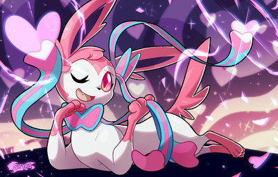 attack cute_fangs fangs female feral fur heart_symbol lying one_eye_closed pawpads pink_body pink_eyes pink_fur purple_eyes quadruped solo teeth wink blitzdrachin conditional_dnp nintendo pokemon canid canine eeveelution generation_6_pokemon mammal pokemon_(species) sylveon