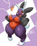 anthro anthrofied big_breasts biped black_body black_fur blush blush_stickers breasts bunny_costume cleavage clothed clothing costume curvy_figure fake_ears fake_rabbit_ears female fishnet_clothing fishnet_legwear footwear fur legwear overweight overweight_anthro overweight_female pokemorph purple_body purple_fur red_eyes shoes short_stack simple_background solo surprise thick_thighs voluptuous wide_hips ocaritna nintendo pokemon generation_8_pokemon mammal morpeko morpeko_(hangry_mode) pokemon_(species) rodent hi_res