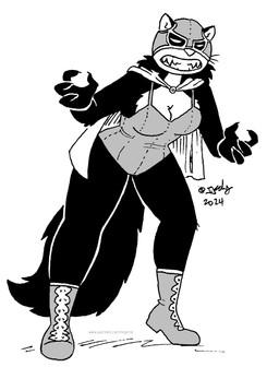anthro boots breasts cape cleavage clothed clothed_female clothing female footwear fur lucha_libre_mask mask open_mouth shoes solo sports_mask sportswear teeth whiskers wrestling_mask tegerio zandar's_saga catherine_o'daisies mammal mephitid skunk 2024 greyscale hi_res monochrome