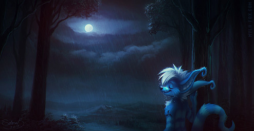 ambiguous_gender anthro arm_tuft black_markings blue_body blue_fur cheek_tuft closed_smile cloud eyes_closed facial_tuft fangs fur hair markings moon mouth_closed nude outside plant raining shoulder_tuft smile solo standing striped_body striped_fur striped_markings striped_tail stripes tail tail_markings teeth tree tuft white_hair mylafox species_request 2017 dated signature