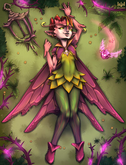 antennae_(anatomy) breasts clothing dress ear_piercing eyelashes female footwear freckled_face freckles green_clothing green_dress green_legwear green_tights insect_wings legwear lepidopteran_wings looking_at_viewer lying navel_outline on_back piercing pink_body pink_clothing pink_footwear pink_shoes pink_wings shoes small_breasts smile solo thick_thighs tights wide_hips wings yellow_eyes nixonison dota valve valve_corporation mireska_sunbreeze_the_dark_willow fairy humanoid winged_humanoid hi_res
