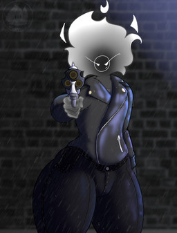 bottomwear clothed clothing denim denim_bottomwear denim_clothing fire gesture gun hand_gesture jacket jeans leather leather_clothing leather_jacket leather_topwear looking_at_viewer male pants pointing pointing_at_viewer raining ranged_weapon solo thick_thighs topwear weapon wet wet_clothing flam3s flames_(flam3s) elemental_creature fire_creature humanoid absurd_res hi_res