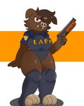 anthro brown_body brown_fur brown_hair ears_down fangs female first_person_shooter fur gun hair orange_background pig_ears pig_nose pivoted_ears ranged_weapon short_hair shotgun simple_background solo teeth weapon laranxart 3d_realms duke_nukem_(series) domestic_pig mammal suid suina sus_(pig) hi_res