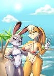 anthro beach big_breasts black_body black_fur blonde_hair blue_clothing blue_eyes blue_swimwear breasts buckteeth clothing cloud cotton_tail dipstick_ears ear_markings eyelashes female floppy_ears front_view fur gesture gloves grey_body grey_fur hair hand_gesture hand_on_hip handwear head_tuft looking_at_viewer lop_ears multicolored_ears navel nipple_outline nipple_piercing nipples orange_body orange_fur palm_tree piercing pink_nose plant purple_eyes red_clothing red_swimwear sea sky small_breasts smile solo swimwear tan_body tan_fur teeth thick_thighs tree tuft under_boob v_sign water white_body white_clothing white_gloves white_handwear wide_hips notilustregui disney looney_tunes warner_brothers zootopia judy_hopps lola_bunny lagomorph leporid mammal rabbit absurd_res hi_res