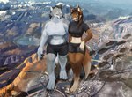 anthro bottomwear breasts city city_background city_crushing city_destruction claws clothing destruction dipstick_tail duo feet female female/female footprint landscape_dwarfing macro markings muscular muscular_female paws stomping tail tail_markings solutionwcs karawuff canid canine canis mammal wolf