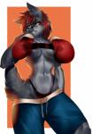 anthro athletic athletic_anthro athletic_female bandeau blue_eyes bottomwear boxing boxing_gloves breast_squish breasts breasts_strap clothed clothing covering covering_breasts covering_self curvy_figure eyebrows eyelashes female fur grey_body grey_ears grey_fur grey_tail hair handwear heterochromia highleg hourglass_figure inner_ear_fluff navel panties red_hair shorts simple_background skimpy small_waist smile smirk soft_abs solo sport squish tail thong thong_straps topless topwear tuft underwear wide_hips yellow_eyes qrichy scarlet_sapphire canid canine canis mammal wolf 2017 digital_media_(artwork) hi_res