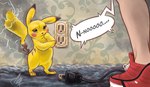 carpet clothing duo female feral footwear fur furniture inside outlet plug solo_focus speech_bubble text wall_(structure) yellow_body yellow_fur aerosaur83 nintendo pokemon generation_1_pokemon mammal pikachu pokemon_(species) rodent absurd_res hi_res