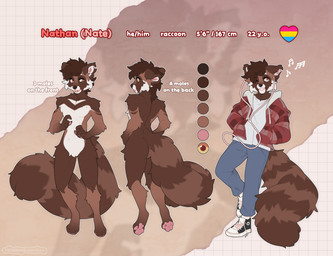 anthro brown_body brown_fur casual_clothing clothing earbuds electronics fur headphones jacket male solo topwear chimkens converse nathan_(trxshpanda) mammal procyonid raccoon absurd_res hi_res model_sheet