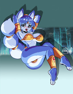 accessory anthro armlet big_breasts blue_body blue_eyes blue_fur blue_hair blush bra breasts butt circlet clothed clothing dipstick_tail eyebrows eyelashes feet female fur furgonomics gold_(metal) gold_jewelry hair hair_accessory hairband hands_behind_head jewelry looking_at_viewer markings open_mouth panties ring short_hair skimpy solo strapless_bra strapless_clothing strapless_underwear tail tail_accessory tail_jewelry tail_markings tail_ring underwear white_body white_fur white_inner_ear solfei nintendo star_fox krystal_(star_fox) canid canine fox mammal 2023 hi_res