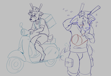 anthro antlers backpack blush bodily_fluids bottomwear clothing delivery_(commerce) delivery_employee digitigrade driving embarrassed food_carrier food_delivery freckled_face freckles front_view fur half-closed_eyes hooves horn looking_away male markings motion_lines narrowed_eyes open_mouth pizza_delivery pizza_delivery_carrier scooter shirt shorts smile solo spot_freckles spots spotted_body spotted_face spotted_fur sweat tail tail_motion tailwag topwear skweekers pepper_(skweekers) deer mammal 2026 hi_res multiple_images