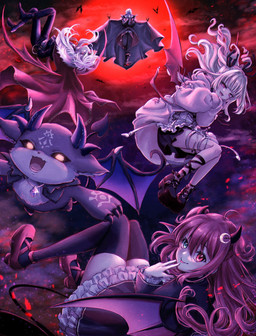 black_sclera blue_eyes cloak clothed clothing female group hair heterochromia horn looking_at_viewer male membrane_(anatomy) membranous_wings moon night red_eyes red_hair red_moon spade_tail tail vampire_costume white_hair wings yellow_eyes nijisanji vtuber debidebi_debiru gilzaren_iii kuzuha makaino_ririmu yuzuki_roa bat demon humanoid mammal vampire hi_res
