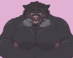 anthro belly black_body black_fur blush fur kemono male moobs nipples overweight overweight_male pink_background simple_background solo tongue tongue_out exe_exem domestic_pig mammal suid suina sus_(pig) 2021 digital_media_(artwork)