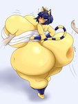 absurd_res animal_crossing ankha_(animal_crossing) anthro big_breasts big_butt blush breast_grab breasts butt butt_slap cleavage clothed clothing domestic_cat duo exclamation_point felid feline felis female hand_on_breast hi_res huge_breasts huge_butt hyper hyper_breasts hyper_butt luditima mammal nintendo slap spanking