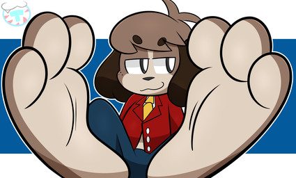 anthro clothing feet foot_fetish foot_focus freckled_face freckles looking_aside male paws soles solo suit teasing toes mintytempest animal_crossing nintendo digby_(animal_crossing) canid canine canis domestic_dog mammal hi_res