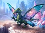 3_fingers 4_wings ambiguous_gender biped blue_sky crystal feral fingers fur green_body green_fur green_scales insect_wings multi_wing pink_crystals ravine red_tongue scales sky solo tongue tongue_out white_eyes wings gabor_szikszai hasbro magic:_the_gathering mythology wizards_of_the_coast dragon mythological_creature mythological_scalie scalie official_art
