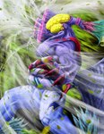 2019 abstract_background absurd_res action_pose air_creature attack biceps blue_body blue_skin claws compound_eyes deity elemental_creature feathered_crest feathers featureless_crotch final_fantasy final_fantasy_viii grass head_crest hi_res humanoid male male_humanoid monster monstrous_humanoid motion_blur muscular muscular_male not_furry nude pandemona_(final_fantasy) plant portrait pose purple_body purple_skin quads red_claws side_view solo square_enix sswoodruff89 sucking tube_(anatomy) wind wings
