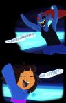 ambiguous_gender anthro clothed clothing comic dialogue duo english_text eye_patch eyes_closed eyewear female frisk_(undertale) hi_res human mammal tc-96 text undertale undertale_(series) undyne