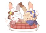 ambiguous_gender anthro beverage biped blush brown_body brown_eyes brown_fur brown_hair clothed clothing duo eyes_closed fur furniture hair inner_ear_fluff sleeping table tuft white_body white_fur white_hair kuo0 lagomorph leporid mammal rabbit