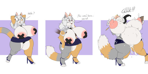 anthro belly big_belly big_breasts bodily_fluids bottomwear breasts clothing cum cum_inflation cum_inside dialogue disembodied_hand duo female footwear genital_fluids hair hand_behind_head high_heels huge_breasts inflation nipples pasties pen shoes shorts smile standing surprised tail text thick_thighs white_hair robertge arcanis_(hahaluckyme) domestic_cat felid feline felis mammal 2025 digital_media_(artwork) english_text hi_res sequence
