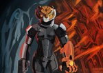 abstract_background anthro armor breasts clothed clothing female gun omni-tool ranged_weapon red_eyes small_breasts solo space_marine weapon whiskers yellow_sclera sabrotiger bioware dreamworks electronic_arts kung_fu_panda mass_effect n7 master_tigress felid mammal pantherine tiger 2021 crossover digital_media_(artwork)