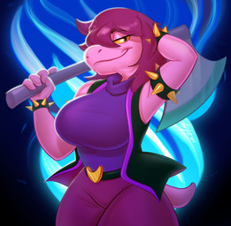 anthro bangs big_breasts bottomwear breasts brown_hair clothed clothing curvy_figure denim denim_clothing female fingers front_view hair huge_breasts leather leather_clothing looking_at_viewer narrowed_eyes non-mammal_breasts pants purple_body purple_clothing purple_hair purple_scales purple_skin scales shirt small_waist smile smug solo tail thick_tail thick_thighs topwear voluptuous yellow_eyes sjevi deltarune undertale_(series) susie_(deltarune) dinosaur lizard prehistoric_species reptile scalie 2023 digital_media_(artwork) hi_res