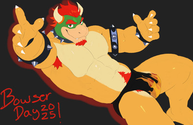 abs anthro armpit_hair barazoku body_hair bracelet bulge clothing collar fangs fire horn jewelry male pecs pubes solo spiked_bracelet spiked_collar spikes teasing teasing_viewer teeth text thong underwear dezoff bowser_day mario_bros nintendo bowser dragon_koopa koopa scalie 2025 absurd_res hi_res