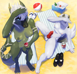 alcohol animal_genitalia animal_penis anthro ball beach_ball beer beverage blue_eyes canine_genitalia canine_penis casual_nudity clothing container cooler cup duo erect_nipples erection female flip_flops fluffy fluffy_tail footwear fur genitals green_body green_skin hair hand_above_head hand_on_head inflatable knot lying male male/female markings nipple_piercing nipples on_back penis piercing purple_eyes raised_tail red_penis sand sandals shark_tail shoes sitting sitting_on_ground standing sun tail tail_markings towel white_body white_fur white_hair umbraunderscore aquatic canid canine canis domestic_dog fish lizard mammal reptile scalie shark wolf absurd_res hi_res
