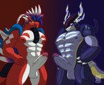 abs anthro balls claws duo erection genitals gradient_background hands_on_hips humanoid_genitalia humanoid_penis male male/male muscular muscular_anthro muscular_male nude pecs penis pupils purple_body red_body simple_background slit_pupils standing take_your_pick tire yellow_eyes dasinbun nintendo pokemon ancient_pokemon apex_build_koraidon future_pokemon generation_9_pokemon koraidon legendary_pokemon miraidon paradox_pokemon pokemon_(species) ultimate_mode_miraidon 2022