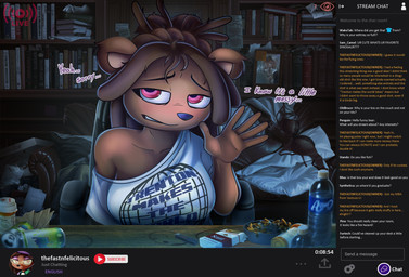 anthro big_breasts bra breasts clothed clothing detailed_background dreadlocks female gesture greeting large_shirt livestream looking_at_viewer nervous nervous_smile solo stream_chat text toony underwear waving waving_at_viewer bombay_(artist) frenlivet_(bombay) bear mammal detailed digital_media_(artwork) english_text hi_res