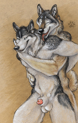 animal_genitalia anthro balls black_body black_fur black_nose claws duo eyes_closed finger_claws fur genitals hug hugging_another hugging_from_behind inner_ear_fluff licking looking_at_another looking_at_partner looking_back looking_back_at_another looking_back_at_partner male male/male penis penis_tip pointy_ears prick_ears sheath tail tan_body tan_fur teeth tongue tuft white_body white_fur blotch scratches_volume_2 canid canine canis domestic_dog husky mammal nordic_sled_dog spitz wolf 2008 hi_res traditional_media_(artwork)